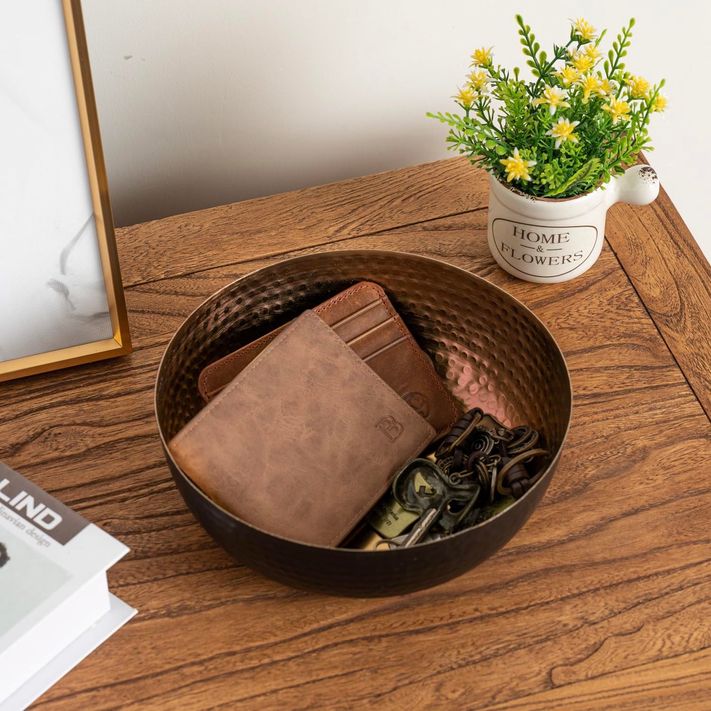 MyGift 8 Inch Art Deco Hammered Black Metal Decorative Bowl with Copper Tone Interior, Home Decor Coffee Table Candy Dish, Key Wallet Catchall - Handcrafted in India