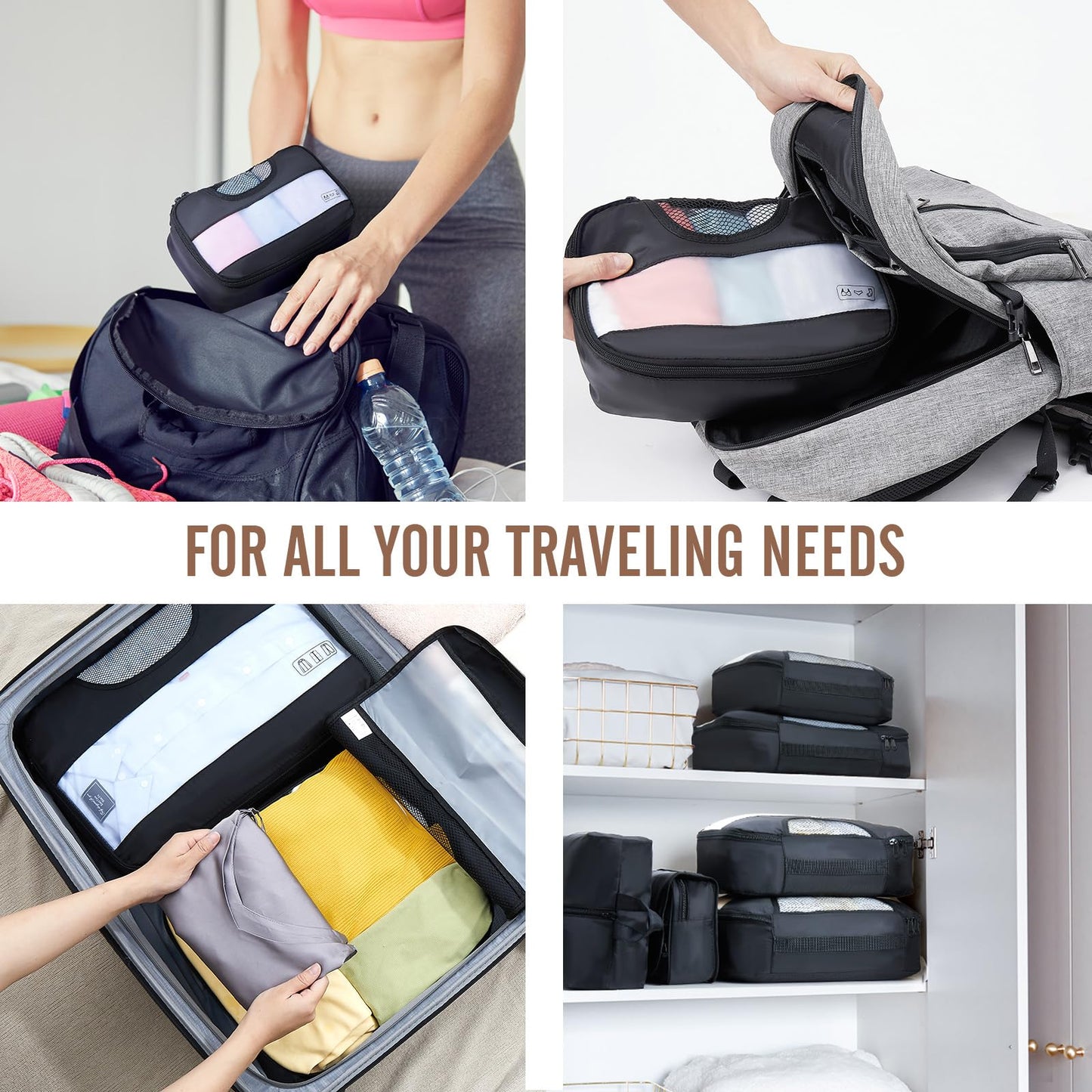 Veken 8 Set Packing Cubes for Travel Essentials, Suitcase Organizer Bags Set for Luggage, Road Trip Travel Accessories in 4 Sizes (Extra Large, Large, Medium, Small), Black