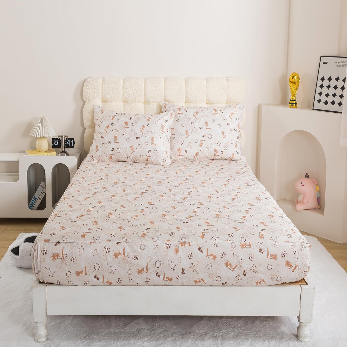 FADFAY Soccer Sheets Set King – 100% Cotton Soft Breathable Sports Sheets, Tropical Palm Tree Soccer Ball Print Bedding