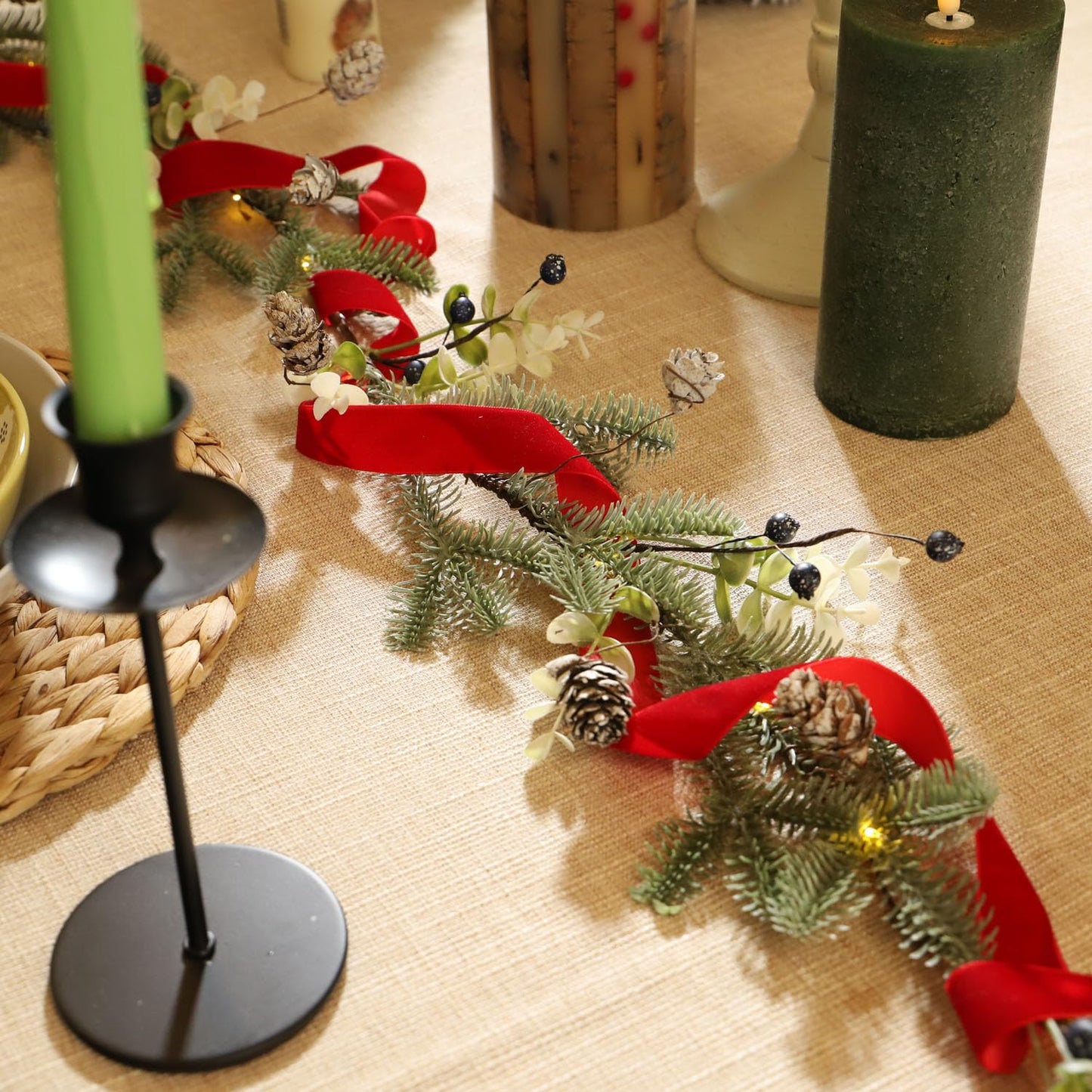 MIYA LIFE Mixed Berry Christmas Garland with Lights - 6.5FT Norfolk Pine Branch with Blueberry, White Flowers & Warm White LED Lights Battery Powered with Remote Ideal Christmas Garland for Mantle