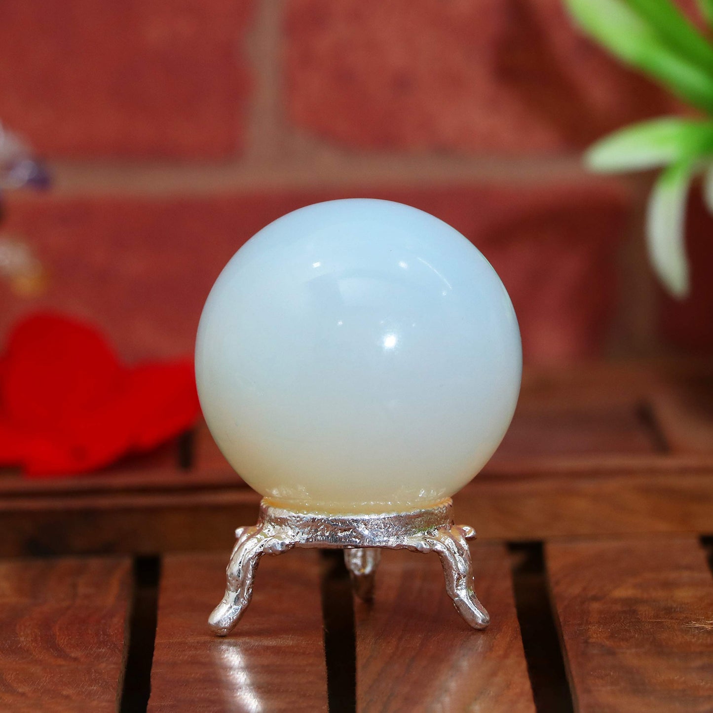 Crocon 45mm Opalite Stone Sphere Ball with Metal Stand 1400+ Carats Gemstone Ball Healing Sphere Sculpture Figurine for Fengshui Divination Home Decoration Photography Crystal Sphere
