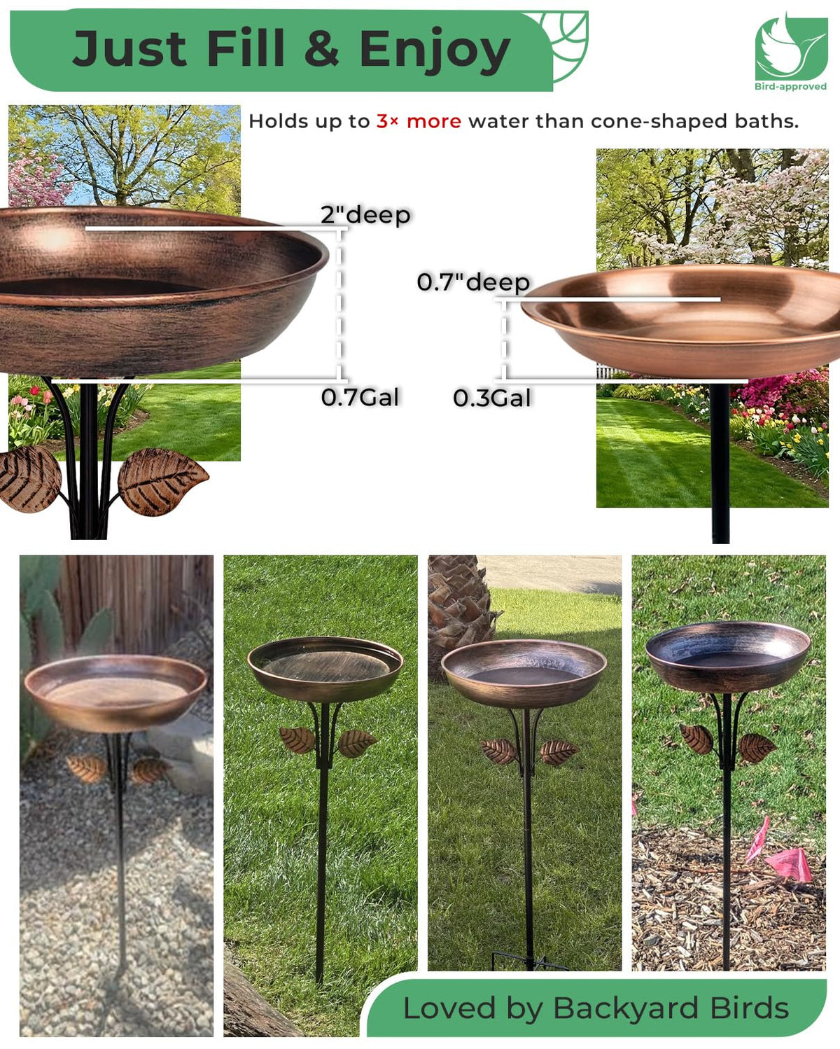 OUISJYER Metal Bird Bath for Outdoors, 12" Dia Bowl with Stable Upgrades Stake Birdbaths Garden Yard Lawn Decor 0.7 Gallon