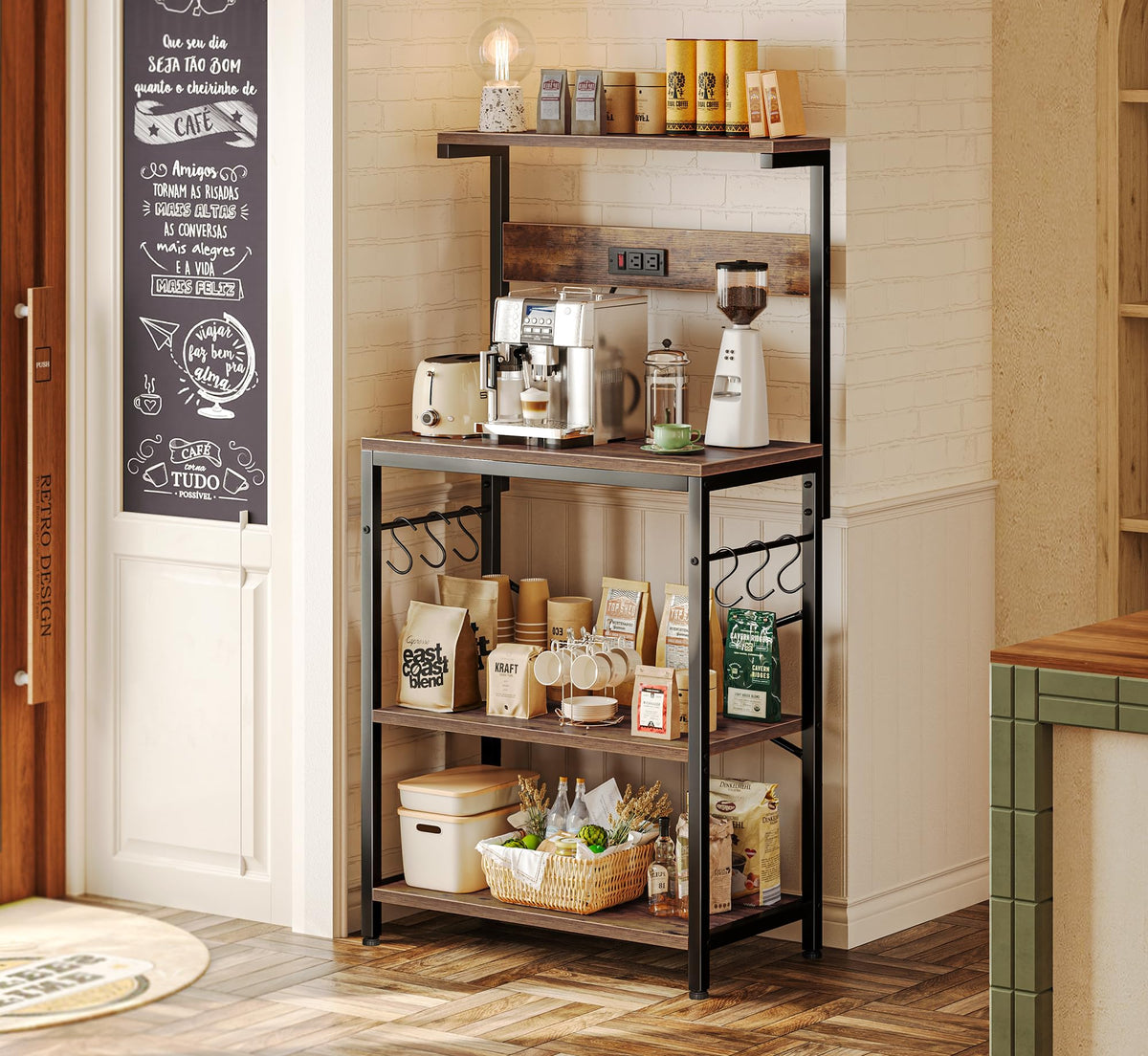 SUPERJARE Kitchen Bakers Rack with Power Outlet, Coffee Bar Table 4 Tiers, Kitchen Microwave Stand with 6 S-shaped Hooks, Storage Shelf Rack for Spices, Pots and Pans - Rustic Brown