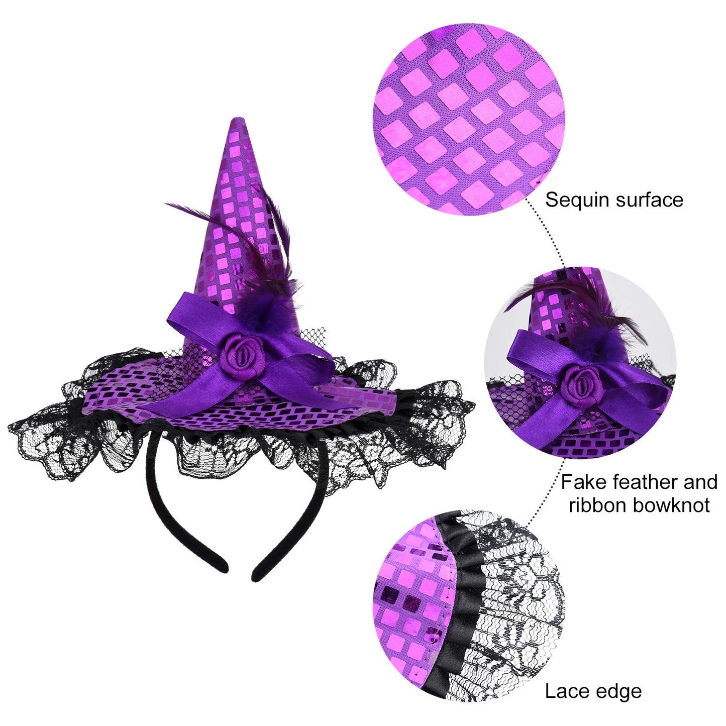 WILLBOND 3 Pieces Witch Hat and Feather Headband for Halloween Costume Dress Accessories, 3 Colors (Orange, Black, Purple)
