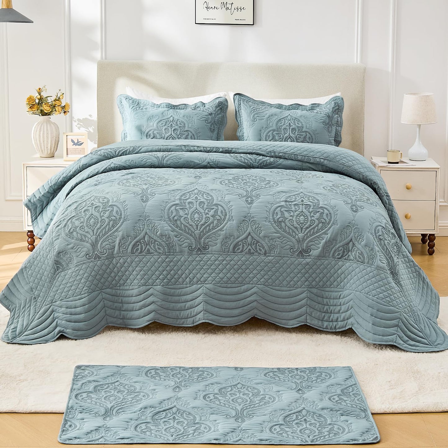 DaisyHuang Oversized Bedspread Coverlet Set Queen Size - Lightweight Bedding Cover - Beautiful Stitching - 4 Piece Reversible Bedspread, Dusty Blue