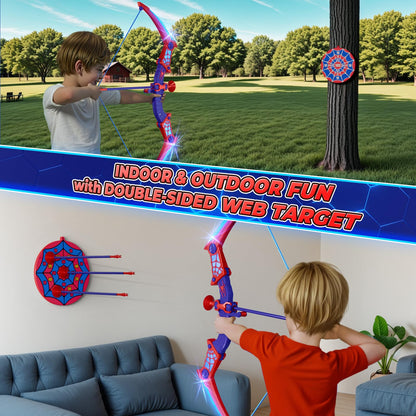 Spider Toys for Boys Age 3-4 4-6 6-8 8-12, Kids Toy BowArrow Shooting Set with Red & Blue LED Lights, Spider Quiver & Web Target, 8 Suction Cup Arrows, Toys Gifts for 3 4 5 6 7 8 9 10 12 Year Old Boys