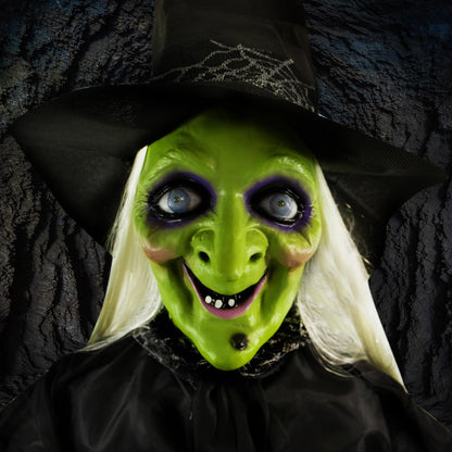Haunted Hill Farm 71-in. Witch with Broomstick Animatronic, Indoor/Outdoor Halloween Decor, Poseable & Talking Animated Halloween Prop, Battery Operated
