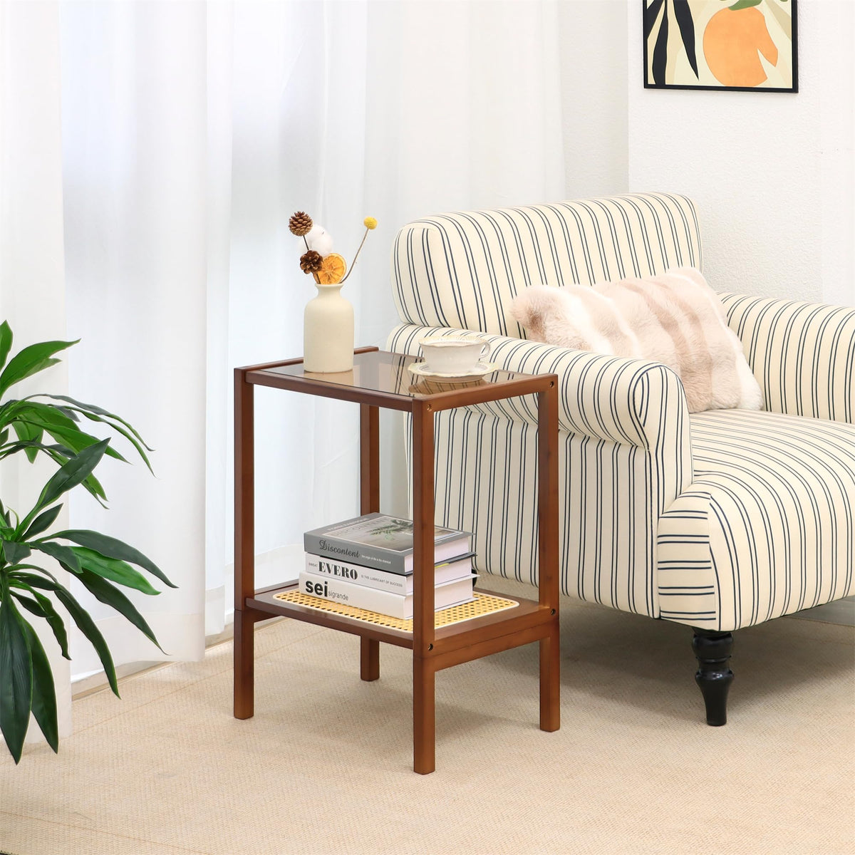 Mordchil HF 2-Tier Bamboo Side Table, Modern Glasstop Rattan Side Table, Mid Century Wood Sofa-Side End Tables for Living Room, Bedroom Night Stand with Storage, Small Narrow Coffee Tables, Walnut