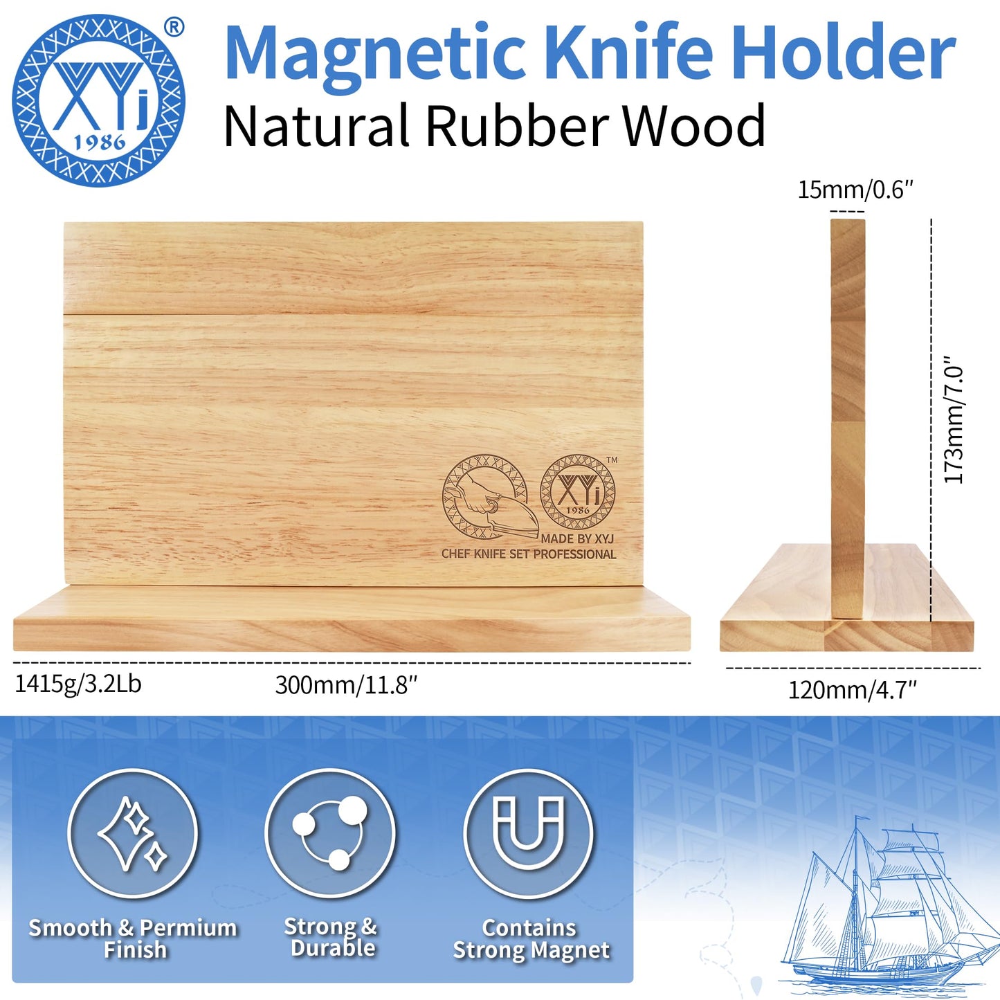 XYJ Authentic Since 1986, Magnetic Knife Block, Double Side Kitchen Knife Stand, Acacia Wood, Magnetic Knife Holder with Strong Enhanced Magnets,Knives Storage Rack Stand for Home Kitchen