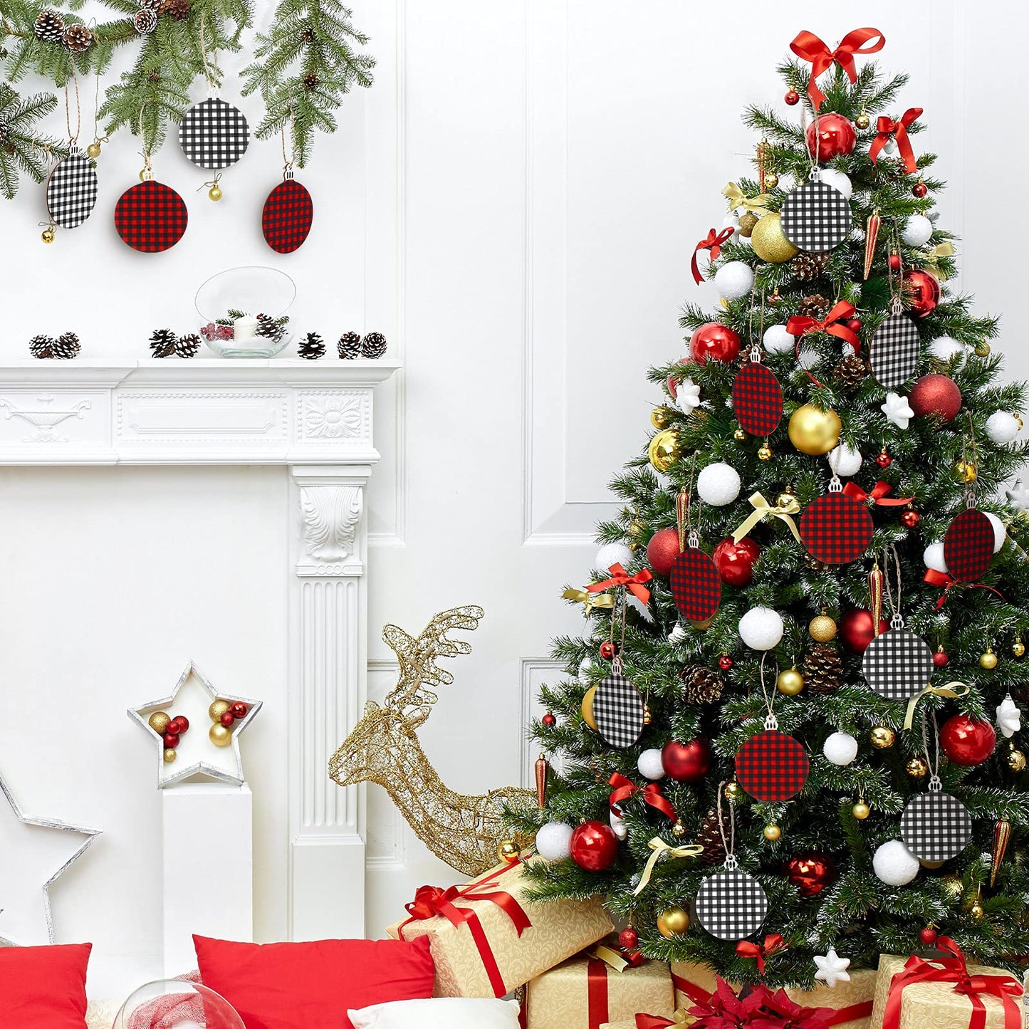 Jetec 96 Pieces Wooden Christmas Ornament 48 Pieces Predrilled Wood Slices 48 Pieces Twine Round Wooden Discs with Holes Unfinished Buffalo Plaid Blank for DIY Tree Decoration
