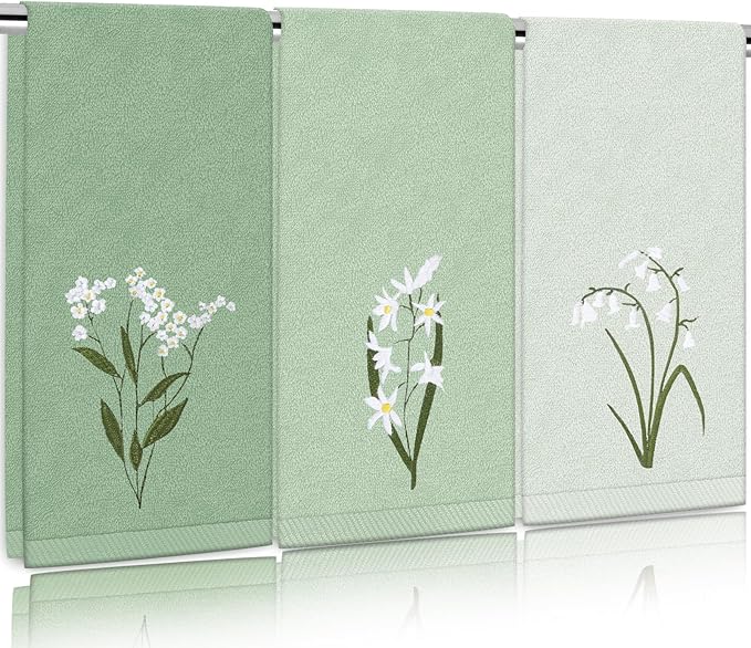 3Pcs Sage Green Hand Towels 29.5 x 13.7 Inch Gradient Green Floral Embroidered