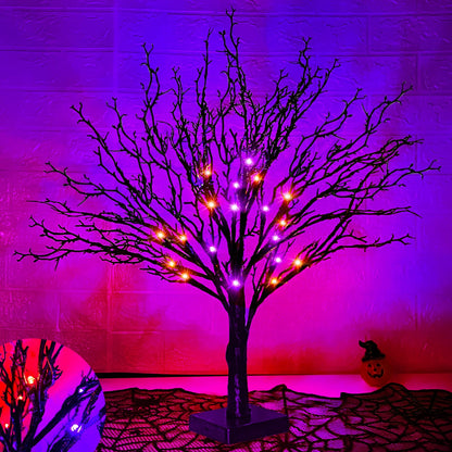 Timer - 24 Inch Lighted Halloween Tree with Orange & Purple LED Lights Black Tree Battery Operated Tabletop Spooky Tree for Halloween Decorations Indoor Home Table Party Holiday Festival Decor