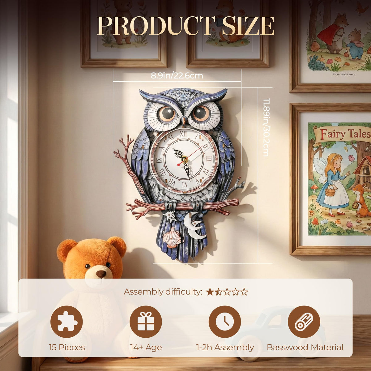WDPINTU 3D Wooden Puzzle Clock - Owl with Moon & Stars Design, DIY Mechanical Pendulum Wall Clock, Unique Night Theme Decor Gift for Adults & Teens