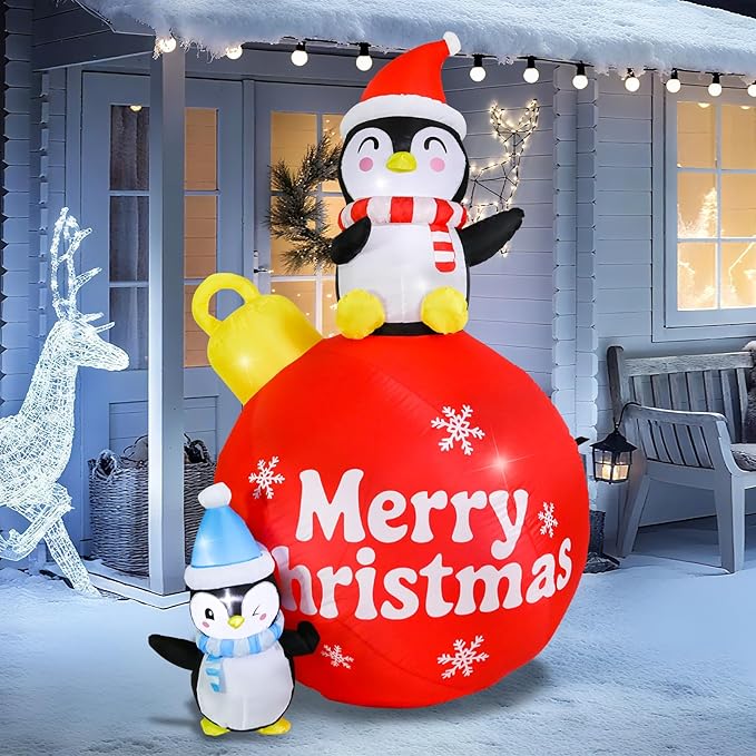 Vigdur Christmas Penguin Inflatable, 6FT Xmas Blow Up Holiday Ball Decoration with LED Lights, Outdoor Christmas Penguin Decoration for Yard Garden Lawn Winter Holiday Supplies Décor