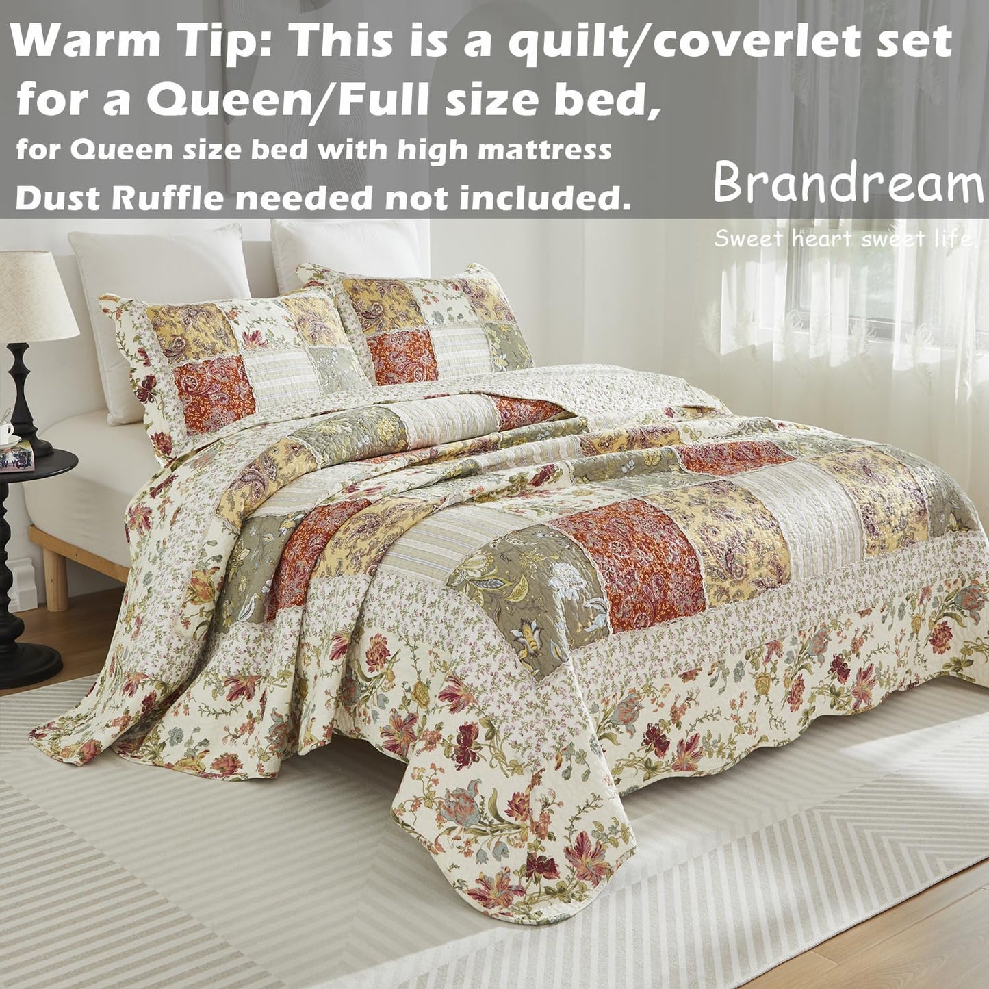 Brandream Queen Size Quilt Set Cotton Farmhouse Patchwork Quilts American Country Quilted Comforter Set 3-Piece