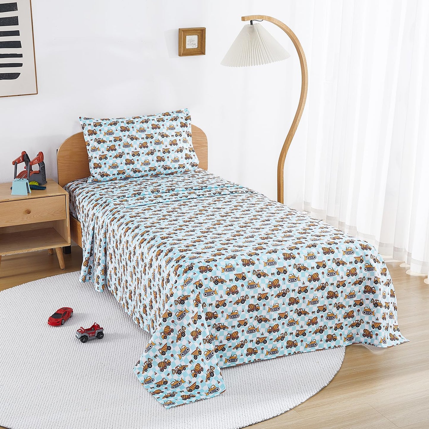 lasoftan Kids Sheet Set Twin Size, Twin Sheet Set with Grid Excavator Pattern，Breathable Silky Soft Microfiber Kids Fitted Sheet