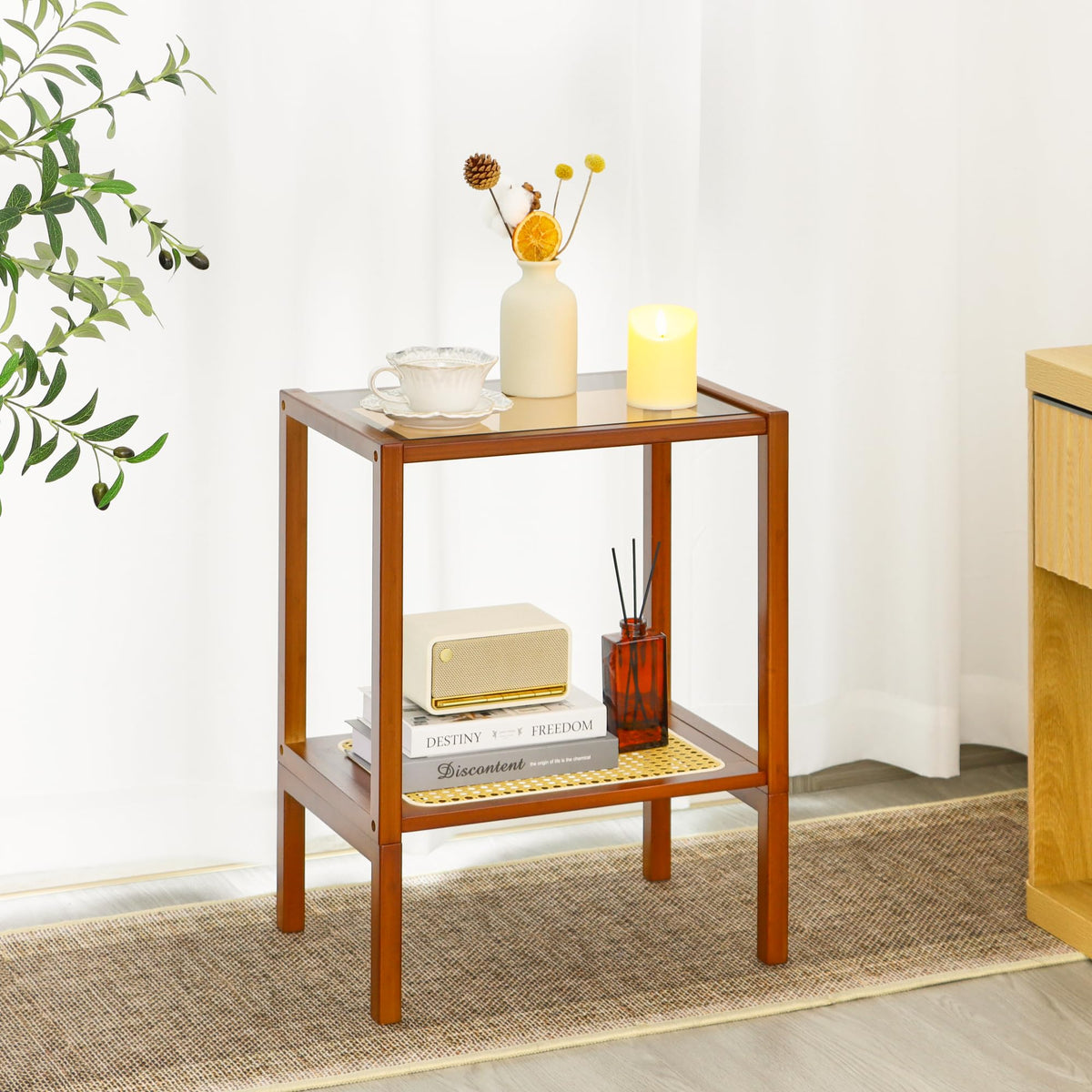 Mordchil HF 2-Tier Bamboo Side Table, Modern Glasstop Rattan Side Table, Mid Century Wood Sofa-Side End Tables for Living Room, Bedroom Night Stand with Storage, Small Narrow Coffee Tables, Walnut