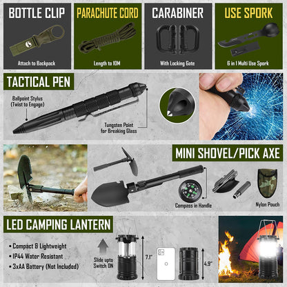 Survival Kit, 268 Pcs Emergency Survival Gear and Equipment Supplies with First Aid Kit, Camping Axe, Headlamp, Crossbody Bag for Camping Hiking, Hunting, Gift for Christmas Men, Dads, Black