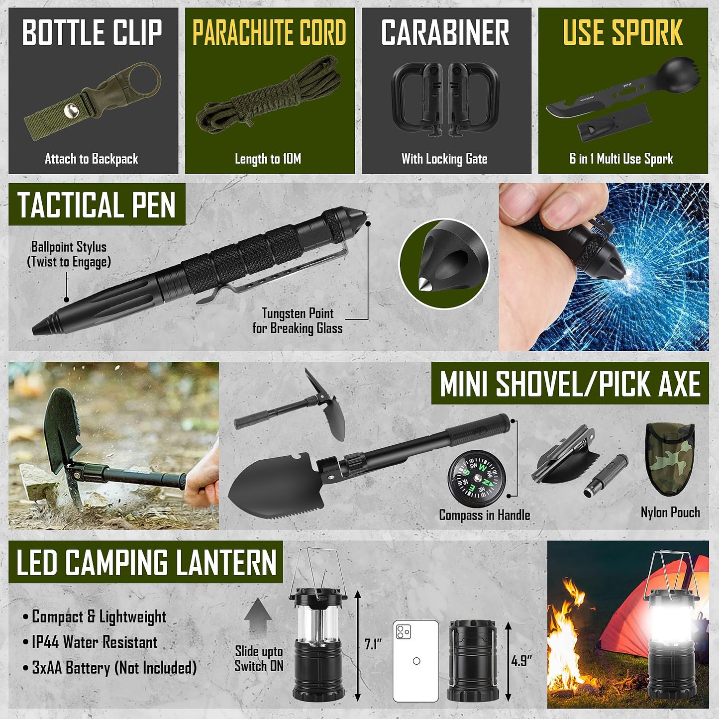 Survival Kit, 268 Pcs Emergency Survival Gear and Equipment Supplies with First Aid Kit, Camping Axe, Headlamp, Crossbody Bag for Camping Hiking, Hunting, Gift for Christmas Men, Dads,