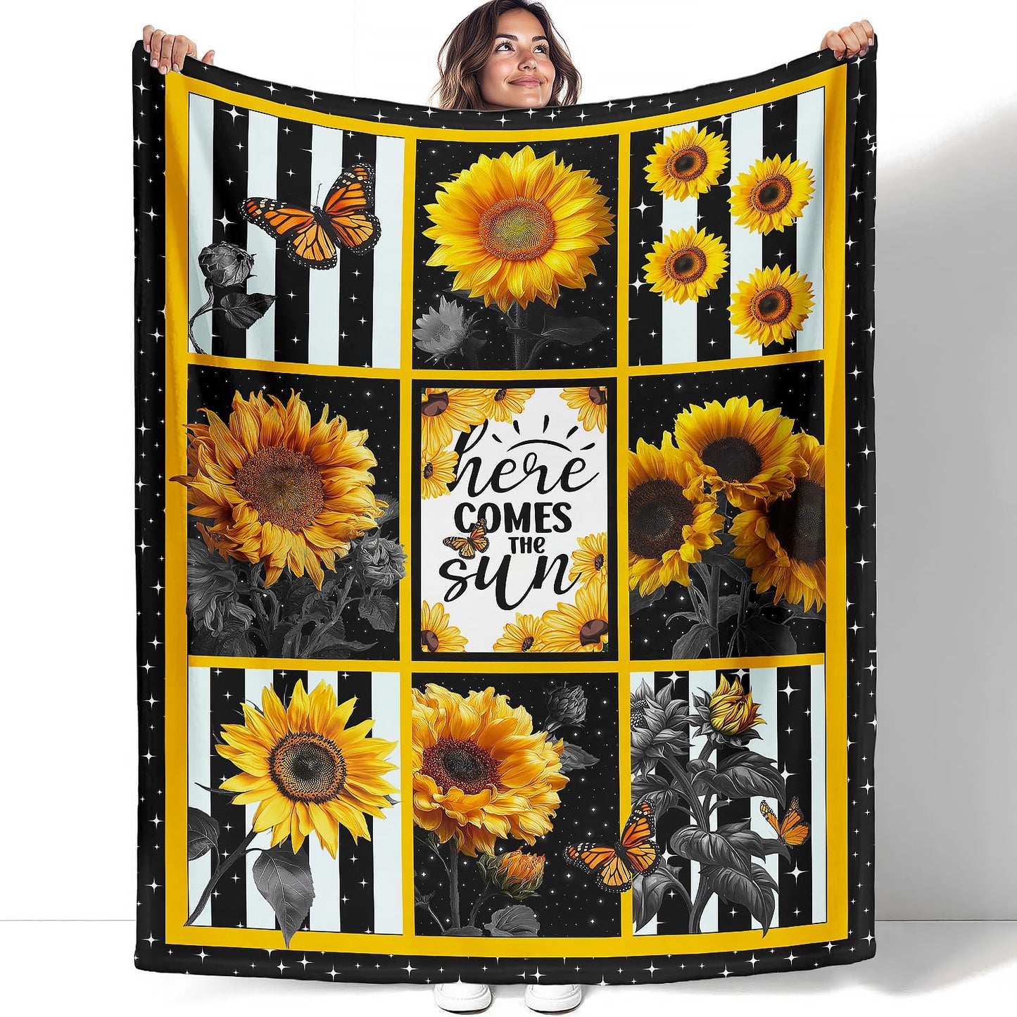 XSMEI Sunflower Throw Blanket, Stars Butterfly Stripe Design, Soft Cozy Fleece Blanket for Couch Bed, 60 x 80 Inches
