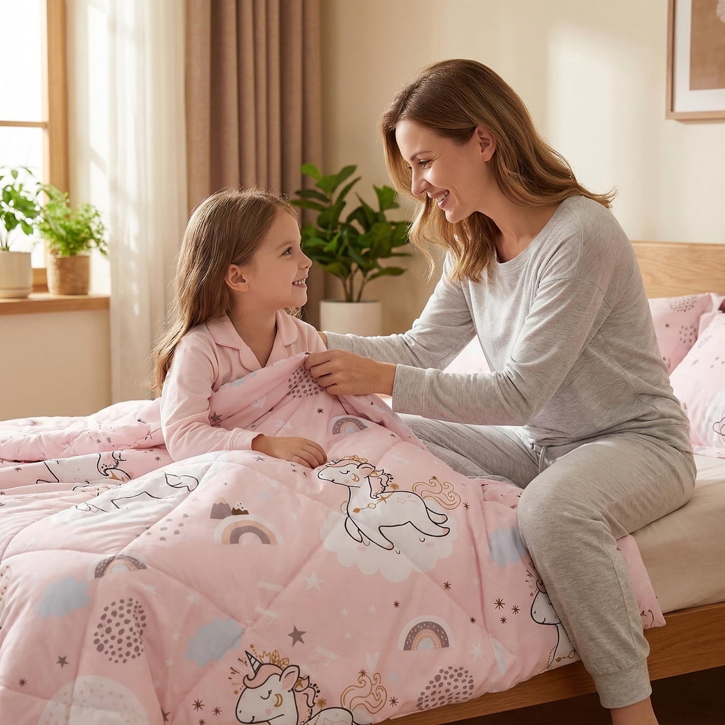 JSD Pink Unicorn Kids Comforter Set Full Size, 3 Piece Girls Rainbow Microfiber Comforter with Pillow Shams, Lightweight All Season Washable