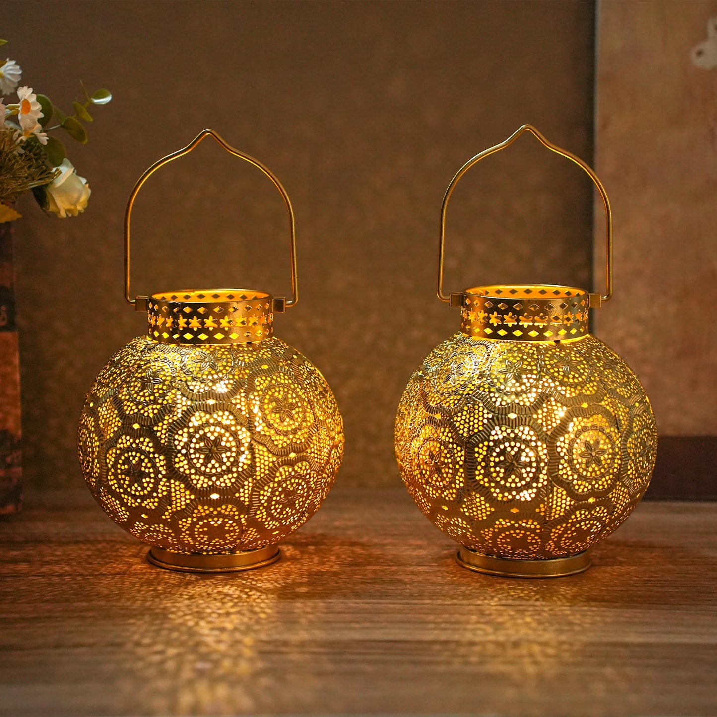 TRIROCKS Set of 2 Moroccan Style Metal Table Lamp 7'' High Battery Powered Cordless Lamp with LED Fairy Lights Bulb Perfect for Home Living Room Parties Tabletop Indoors(Gold)