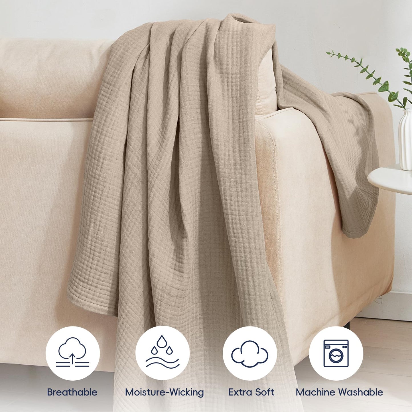 PHF 100% Cotton Muslin Throw Blanket 50" x 60", 4-Layer Lightweight Gauze Throw, Breathable Cloud-Soft Minimalist Blanket for Bed, Couch, Camping, Taupe, Ideal Gift