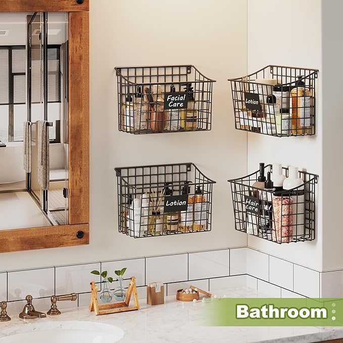 Wall Basket with Label Plate & 5 S-Hooks –4 Pack Hanging Wire Basket