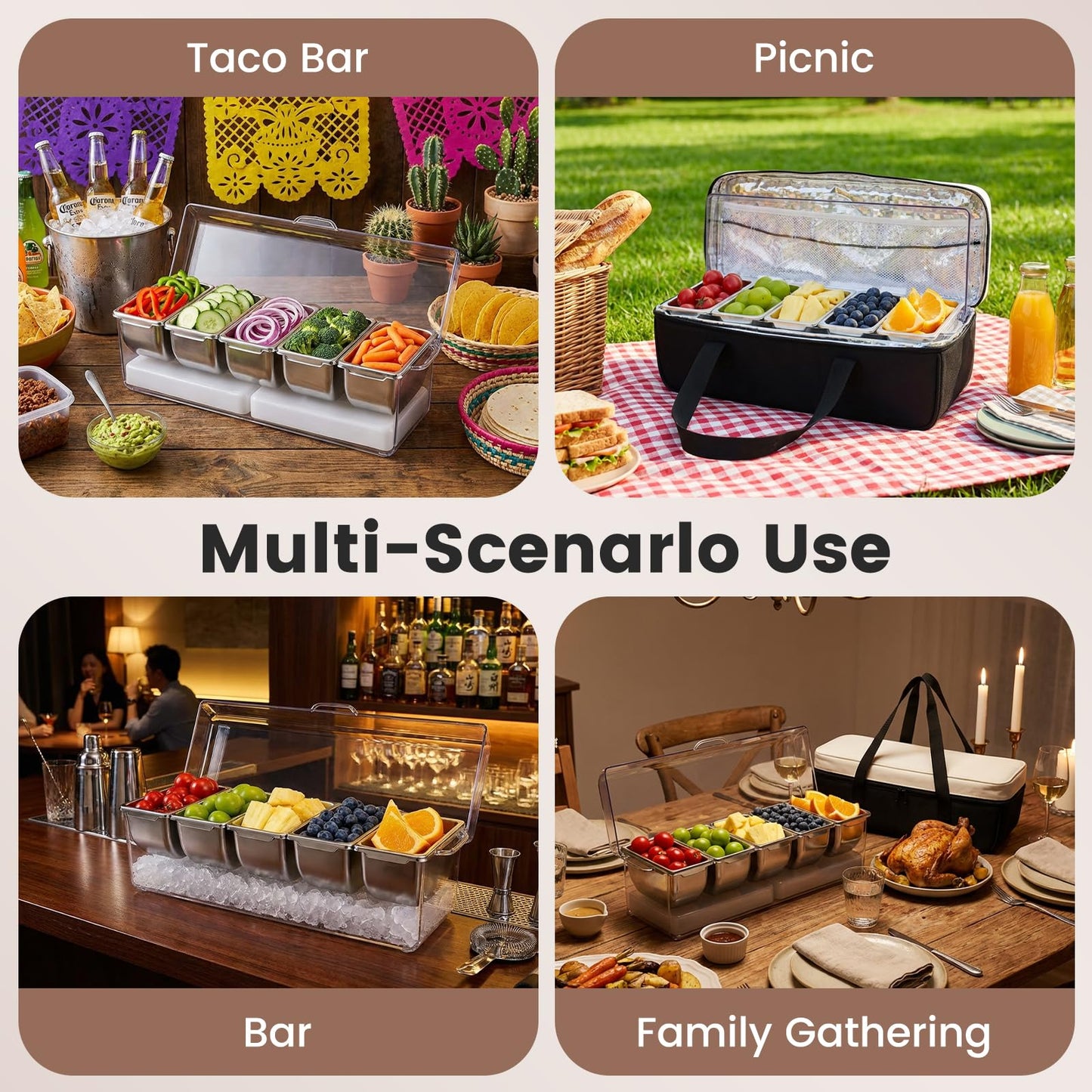 Mavolico Chilled Condiment Caddy with 5 Removable Stainless Steel Compartments, Includes Portable Insulated Tote Bag and 2 Ice Packs, Serving Tray for Picnic, Outdoor, Party and Travel