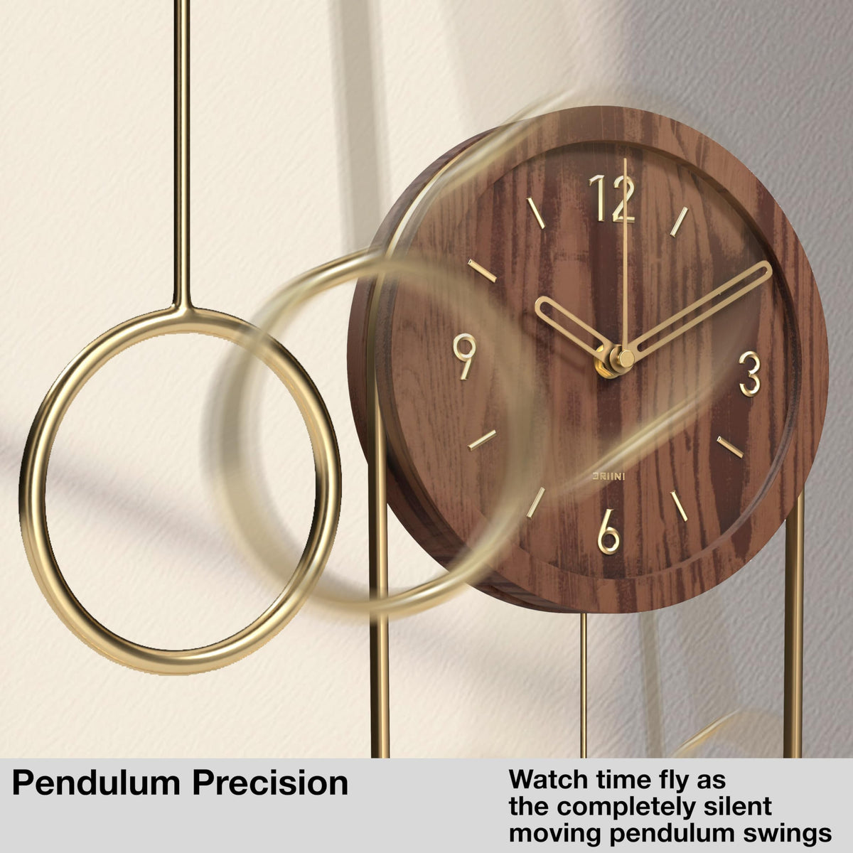 Driini Decorative Wall Clock with Pendulum (Walnut) – Modern Wood, 3D Gold Numbers, Metal Frame – Small, Unique Wall Clocks for Living Room Decor or Bathroom - Battery Operated, Silent, Non-Ticking