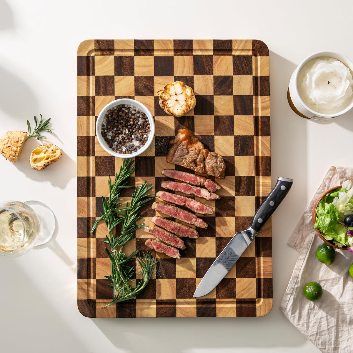 FYCTIO Wooden Cutting Boards for Kitchen, Checkered Cutting Board 1.2" Thickened, Walnut Chopping Board with Juice Grooves & Handles, Double-sided Butcher Block with Gift Box, 17" x 12"