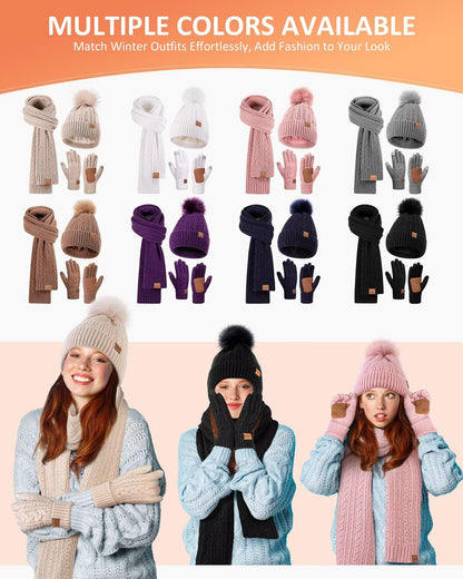Winter Beanie Hat Scarf Gloves Set for Women, Pom Pom Beanie with Fleece Lined Long Knit Neck Warmer Fingers Touchscreen Gloves, Fashionable Cute Warm 3 in 1 Gift Set for Cold Weather(A-07) Camel