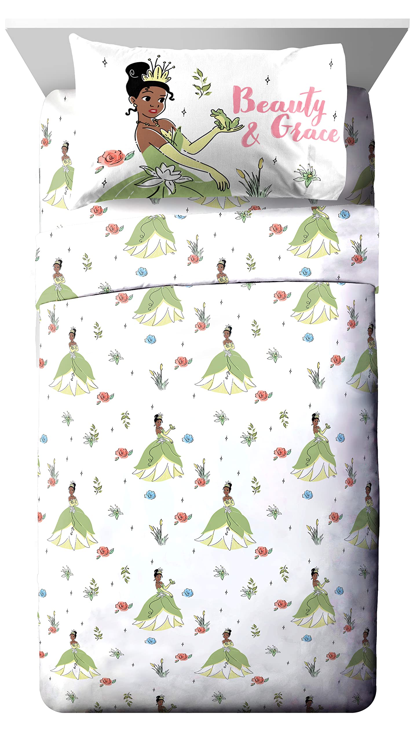 Jay Franco The Princess and The Frog Beauty & Grace 5 Piece Twin Size Bed Set - Includes Comforter & Sheet Set Featuring Tiana - Super Soft Bedding Fade Resistant Microfiber (Official Product)