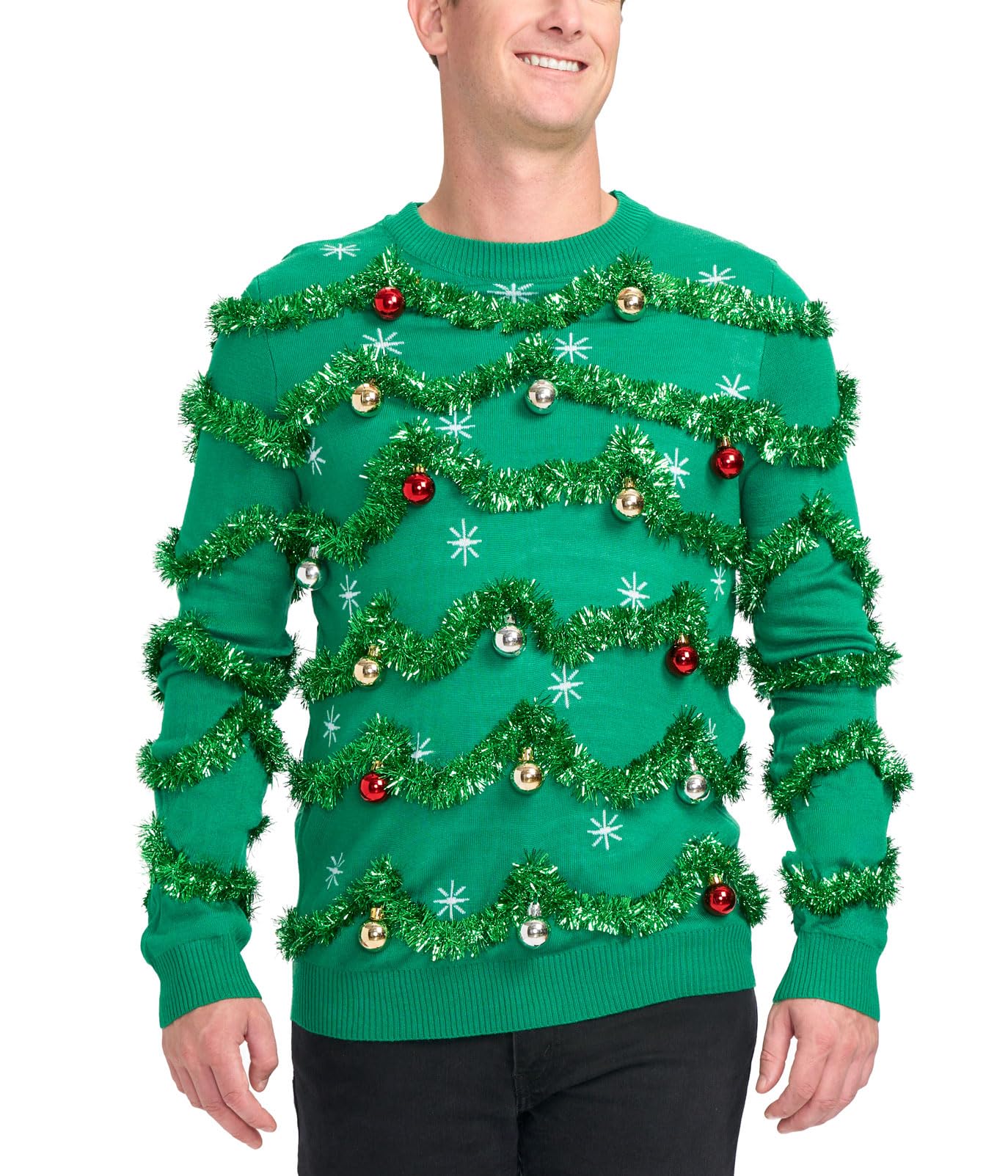 Tipsy Elves Men's Ugly Christmas Sweaters - Funny and Tacky Embellished Christmas Sweaters for Men - Green Gaudy Garland Christmas Sweater with Tinsel and Ornaments Size Large