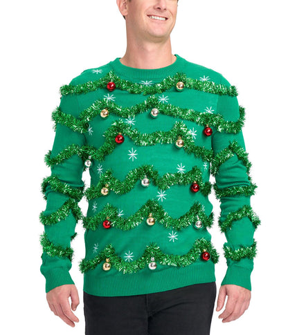 Tipsy Elves Men's Ugly Christmas Sweaters - Funny and Tacky Embellished Christmas Sweaters for Men - Green Gaudy Garland Christmas Sweater with Tinsel and Ornaments Size Large