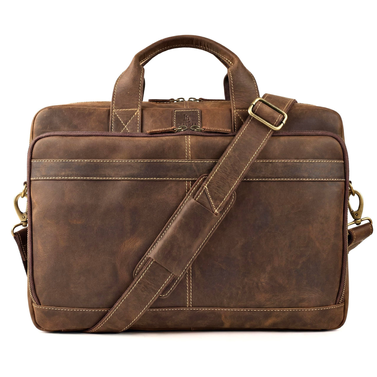 Mens Full Grain Leather Briefcase Fits 16 Inch Laptop, Leather Laptop Messenger Shoulder Satchel, Vintage Professional Work Office Bag - Brown