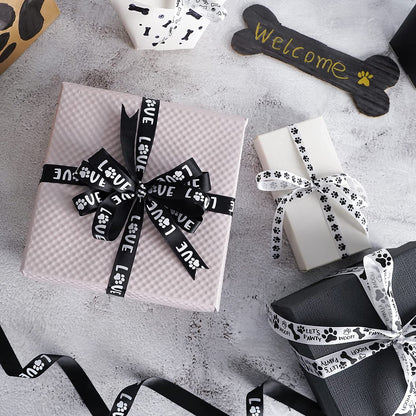 HUIHUANG Paw Print Bone Satin Ribbon Assortment - Black and White, 3/8" & " 5/8" Inch, 10 Rolls 50 Yards - Assorted Ribbon for Crafts, Dog Party Supplies, Gift Wrapping & Decoration