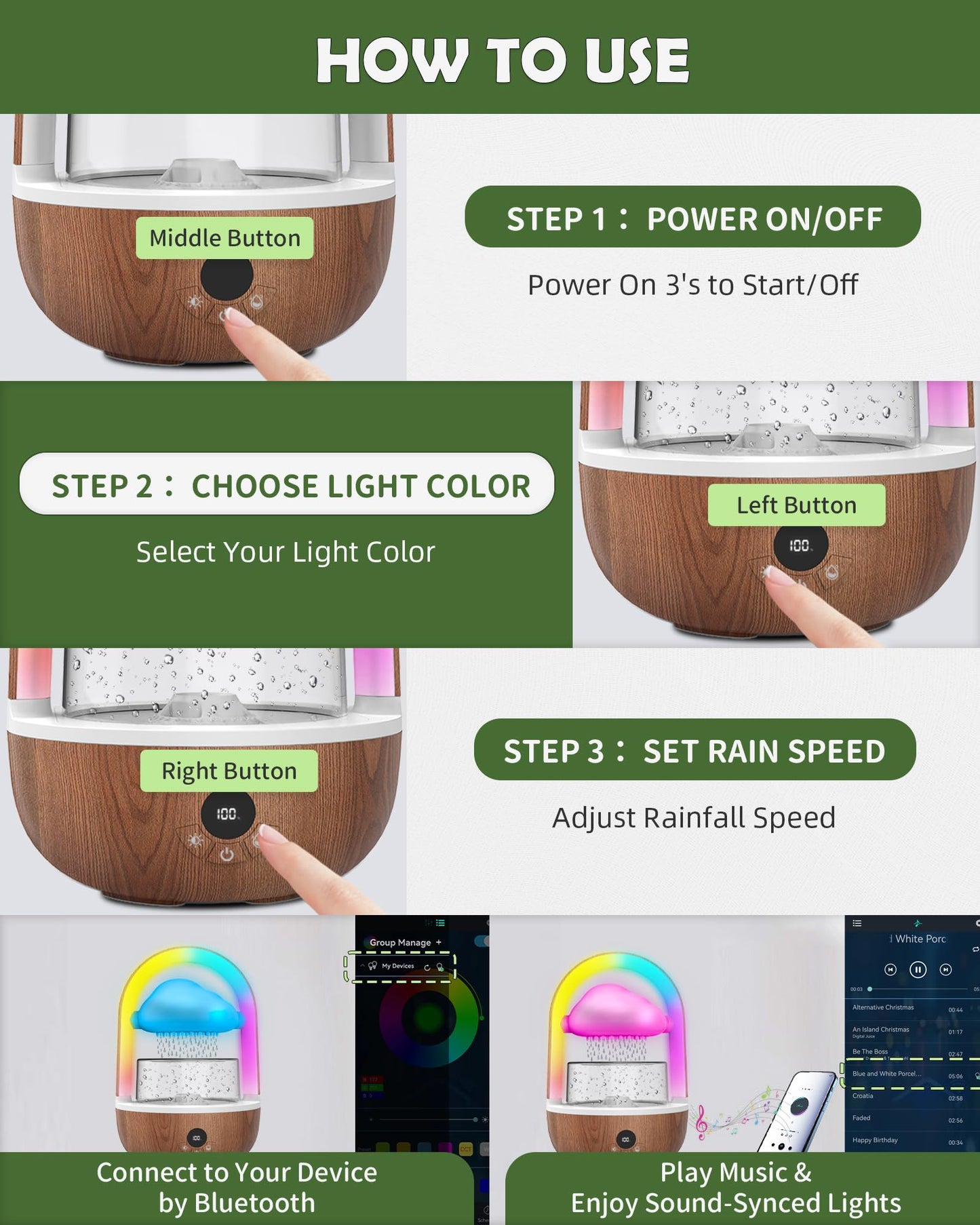 Relaxing Indoor Water Fountain with Gentle Rain Sounds, Weljoy Cloud Rainbow Rain Tabletop Fountain with Color Changing Lights, Wireless Design for Office Desk Meditation (Wood)