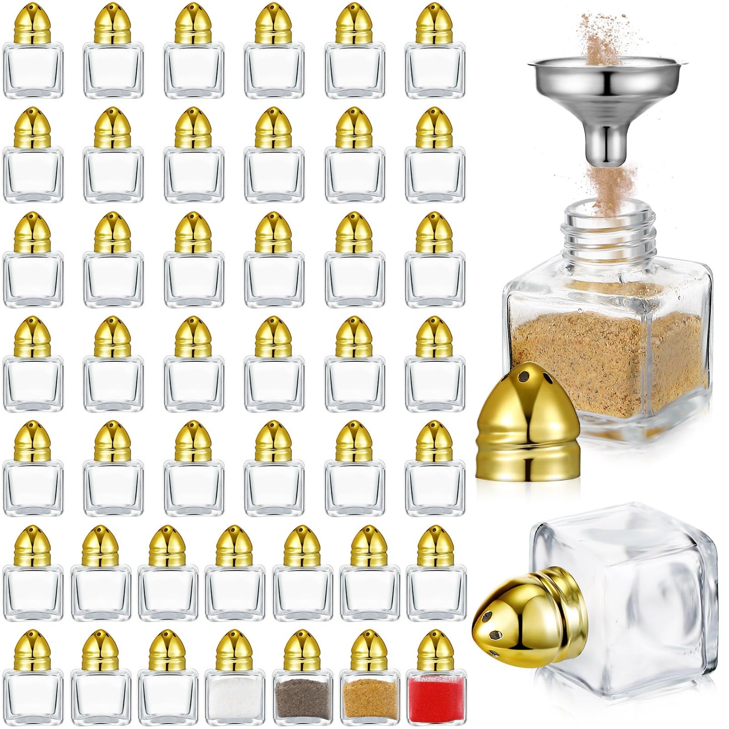 Maxcheck 50 Pcs 0.5 oz Small Cube Shape Salt and Pepper Shakers with Tone Tops Clear Mini Glass Seasoning Jars Spice Salt Shakers with Funnel for Home Wedding Party Restaurant Kitchen (Gold)