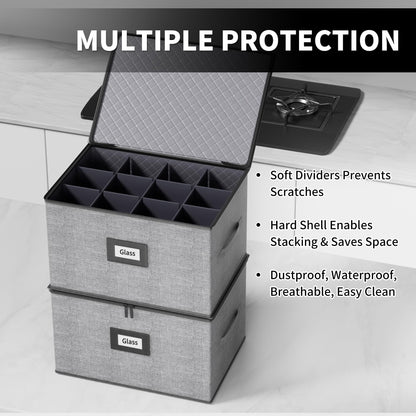 Aokeyee 2-Pack Wine Glass Storage Box with Dividers, Hard Shell Stemware Case Holds 24 Crystal Glasses & Drinkware, for Moving & Protection, Grey