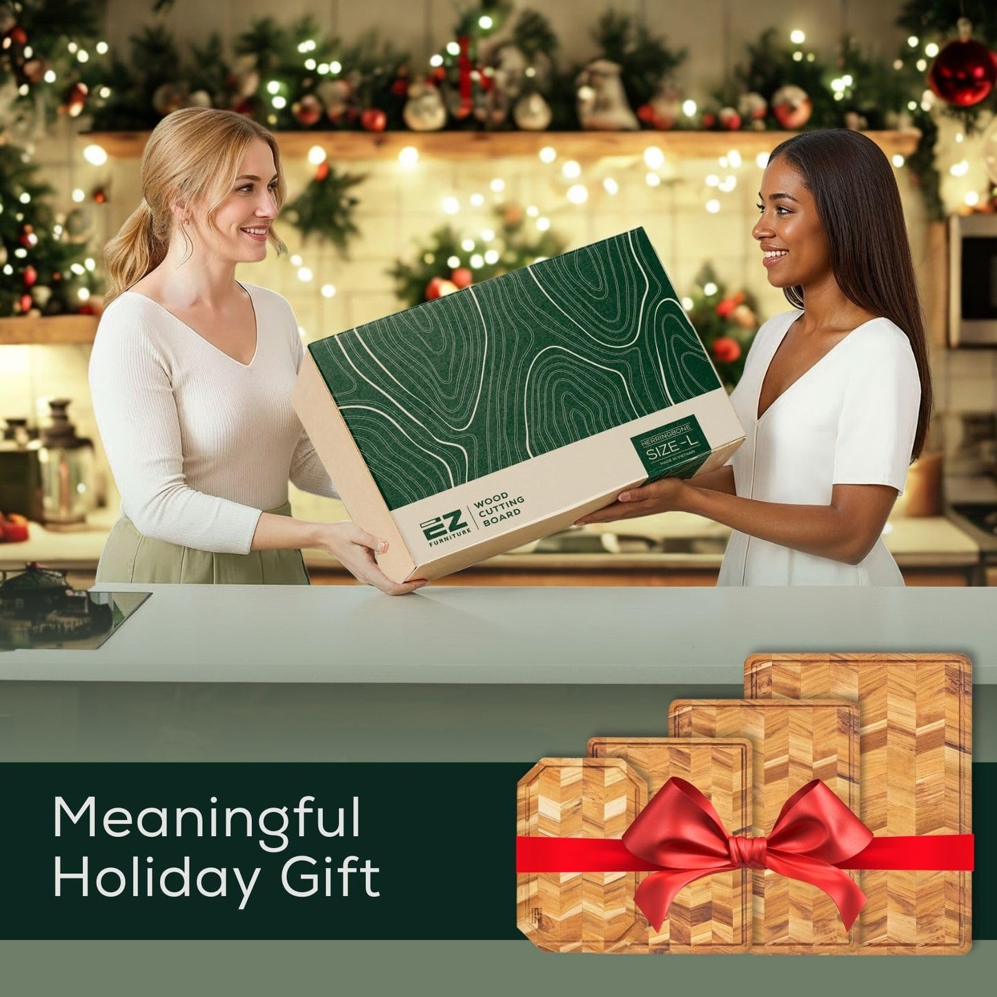 EZ FURNITURE Set of 3 Acacia Edge Grain Cutting & Charcuterie Boards with Extra Stand, Reversible Knife-Friendly Wooden Design with Juice Groove & Handles, Non-Toxic, Gift Box Included