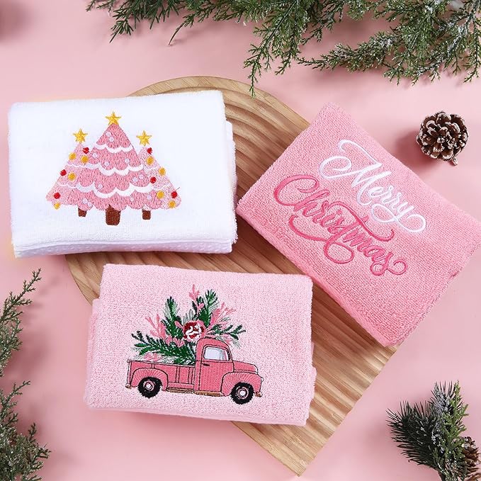 3 Pcs Pink Christmas Hand Towels