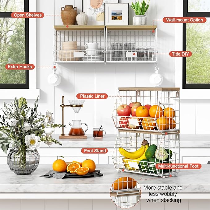 White Fruit Storage Basket for Kitchen Counter Set of 2, Wall Mount Wire Fruit
