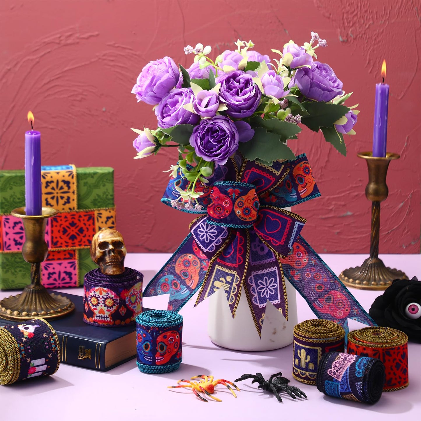 6 Rolls 30 Yards Days of The Dead Ribbons 2'' Mexican Dia De Los Meurtos Ribbon Wired Edge Sugar Skull Papel Picado Skeleton for Wreath Bows DIY Craft Gift Wrapping Halloween Mexican Party Supplies