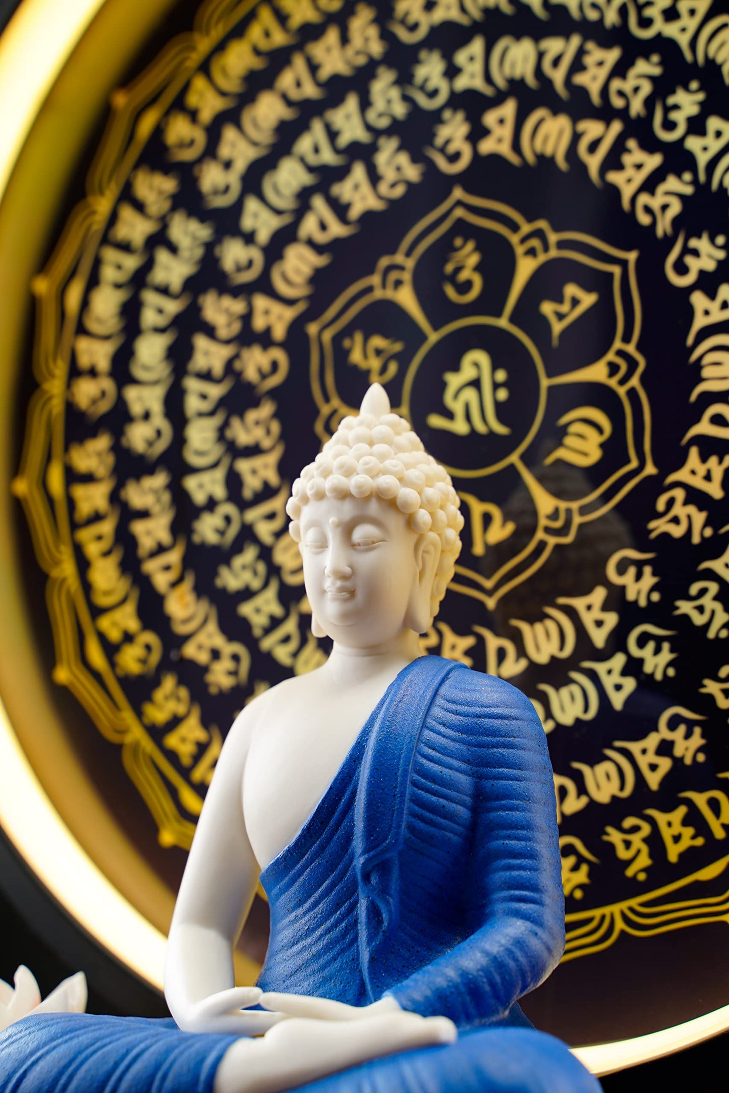 Houlu Blue Buddha Statue and Circle LED Table Lamp, Ceramic Buddha Statue for Home Décor