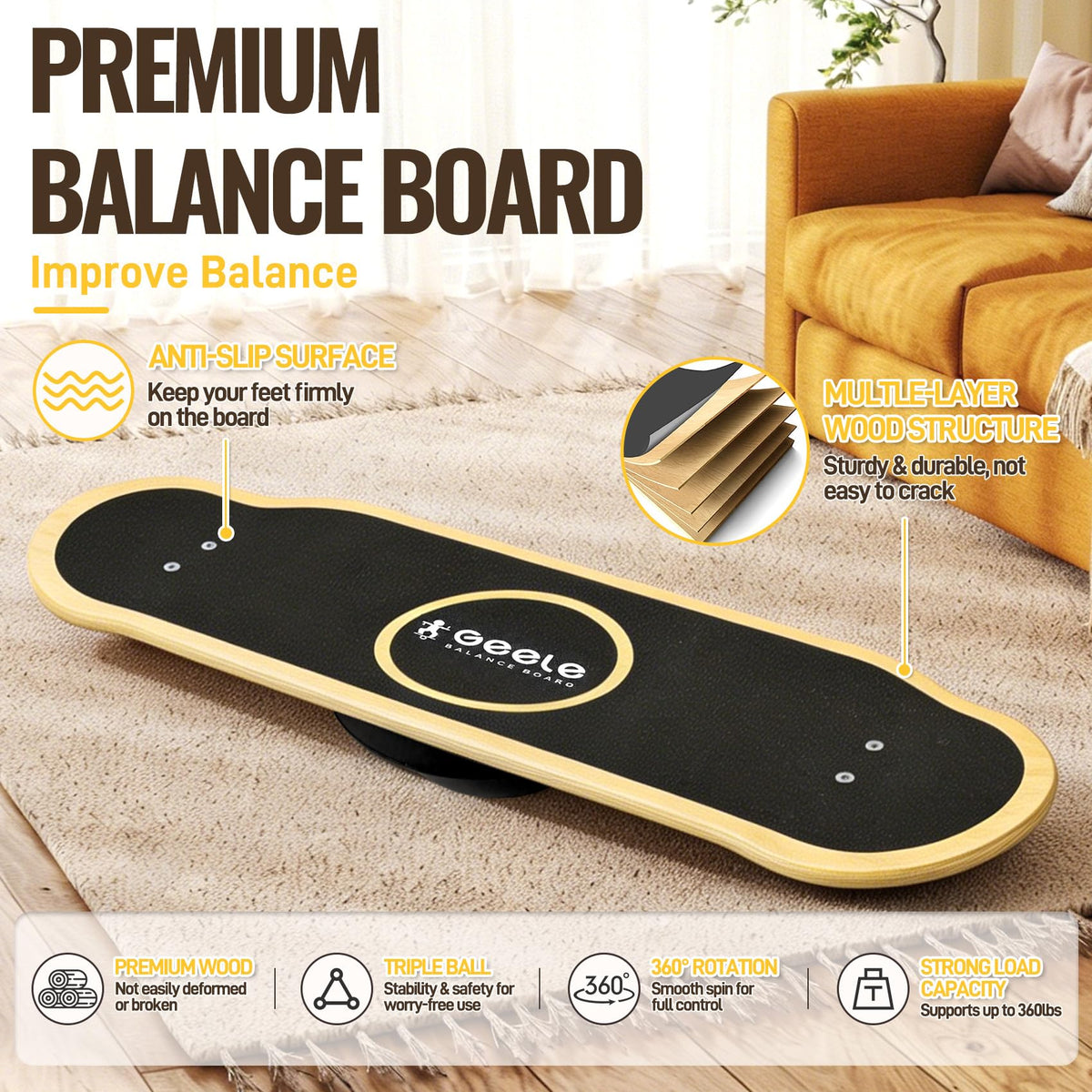 Balance Board with 360° Rotation, Solid Wobble Board for Adults & Kids, Balance Trainer for Strength Training, Surfing and Skiing, Anti-Slip Surface Whirl Board, Home, Office Exercise Wooden Board