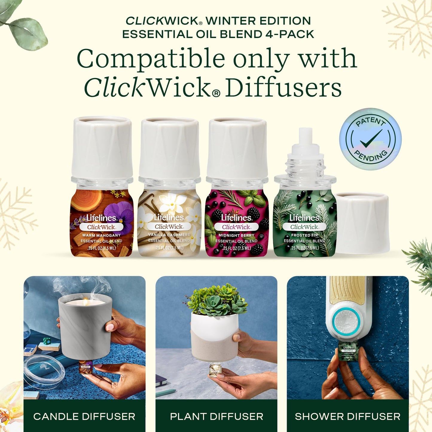 ClickWick Essential Oil Blends for Lifelines Diffusers, 4-Pack Winter Gift Set - Essential Oil Blend Fragrance Refills for Candle, Plant & Shower Aromatherapy Diffuser - Home Spa & Relaxation Gifts