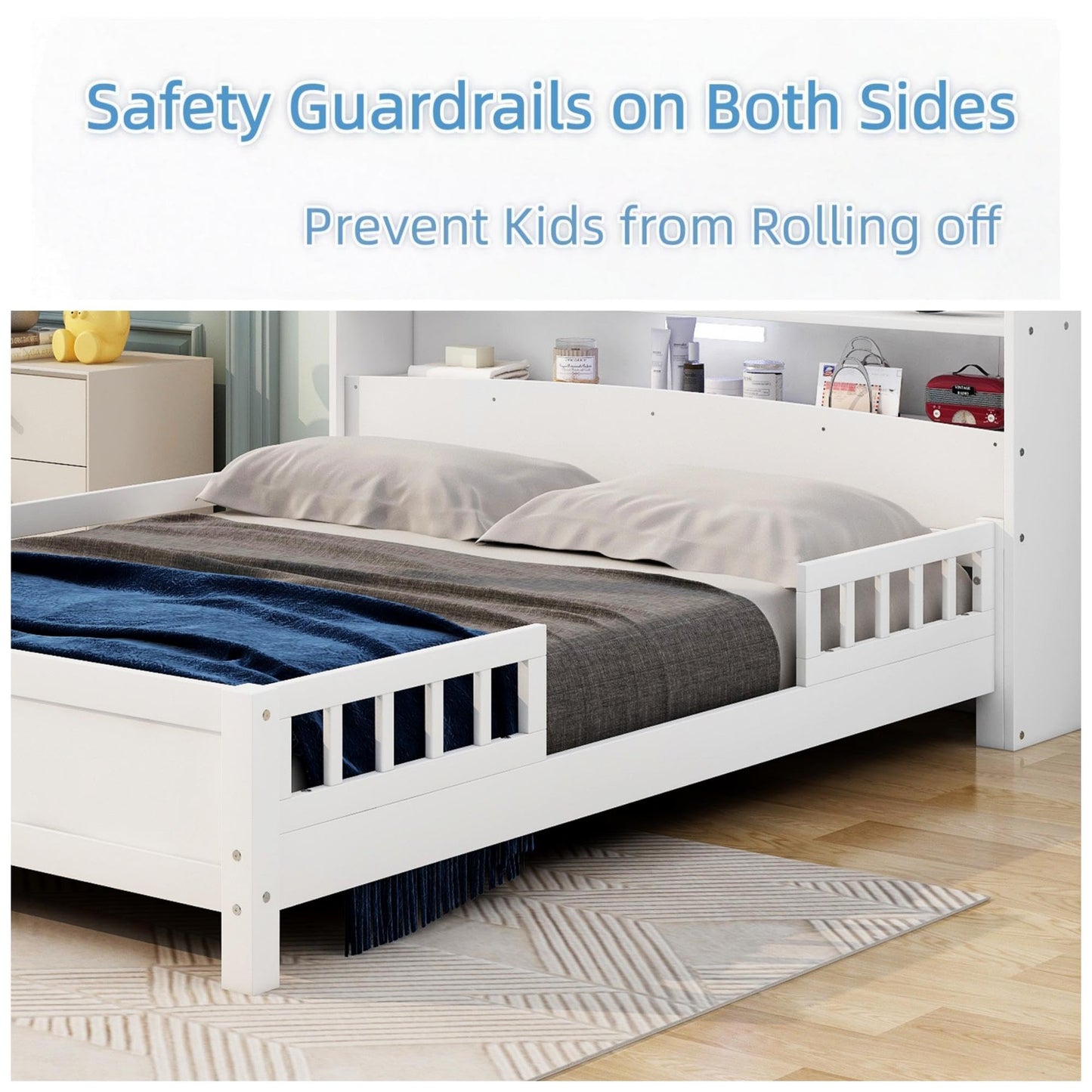 Merax Full Size Bed Platform Frame, Solid Wood Full White Bed Frame with Storage Headboard, Built-in Light and Safety Guardrail, No Box Spring Needed, Easy Assembly, Noise-Free
