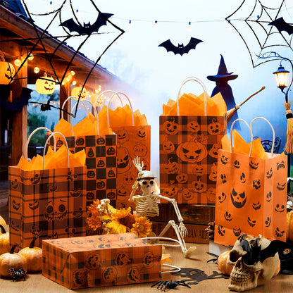 Kolldenn 24 Pcs Halloween Paper Gift Bags with Tissue Paper Pumpkin Goodie Treat Bags with Handles Wrapping Candy Party Favors Bag for Celebration Supplies Decorations