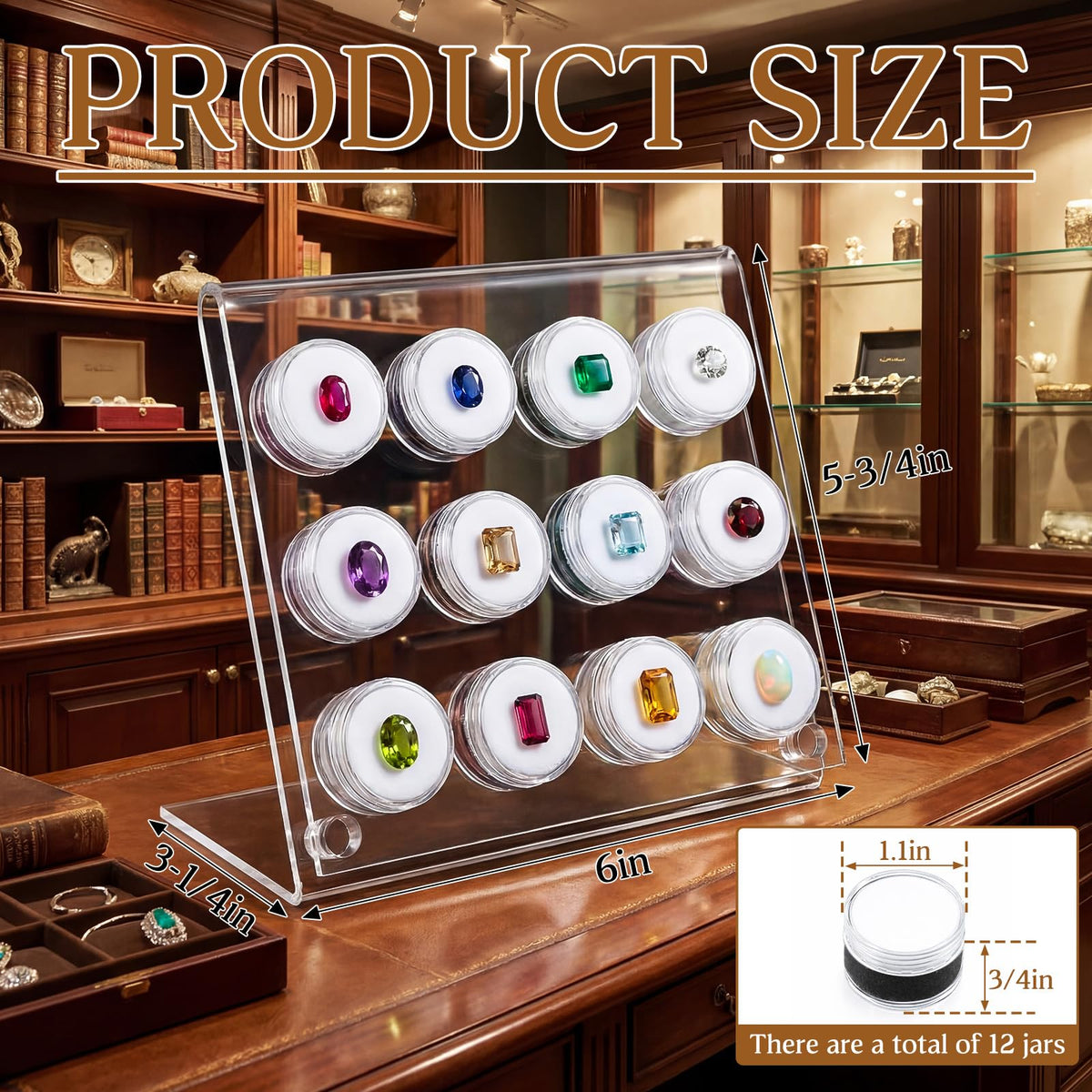 Yalikop Acrylic Gemstone Display Stand with 12 Clear Jars, Acrylic Easel Rack for Crystals, Stones, Rocks, Minerals, Jewelry Display, Clear Countertop Showcase Holder